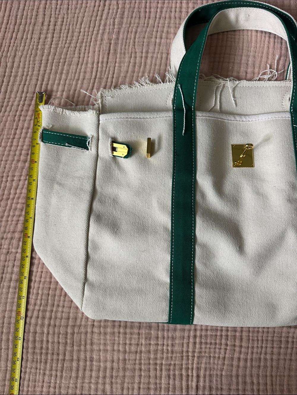 Canvas Tote Bag with Green Trim and Gold Hardware Boatkin - Picture 2 of 4